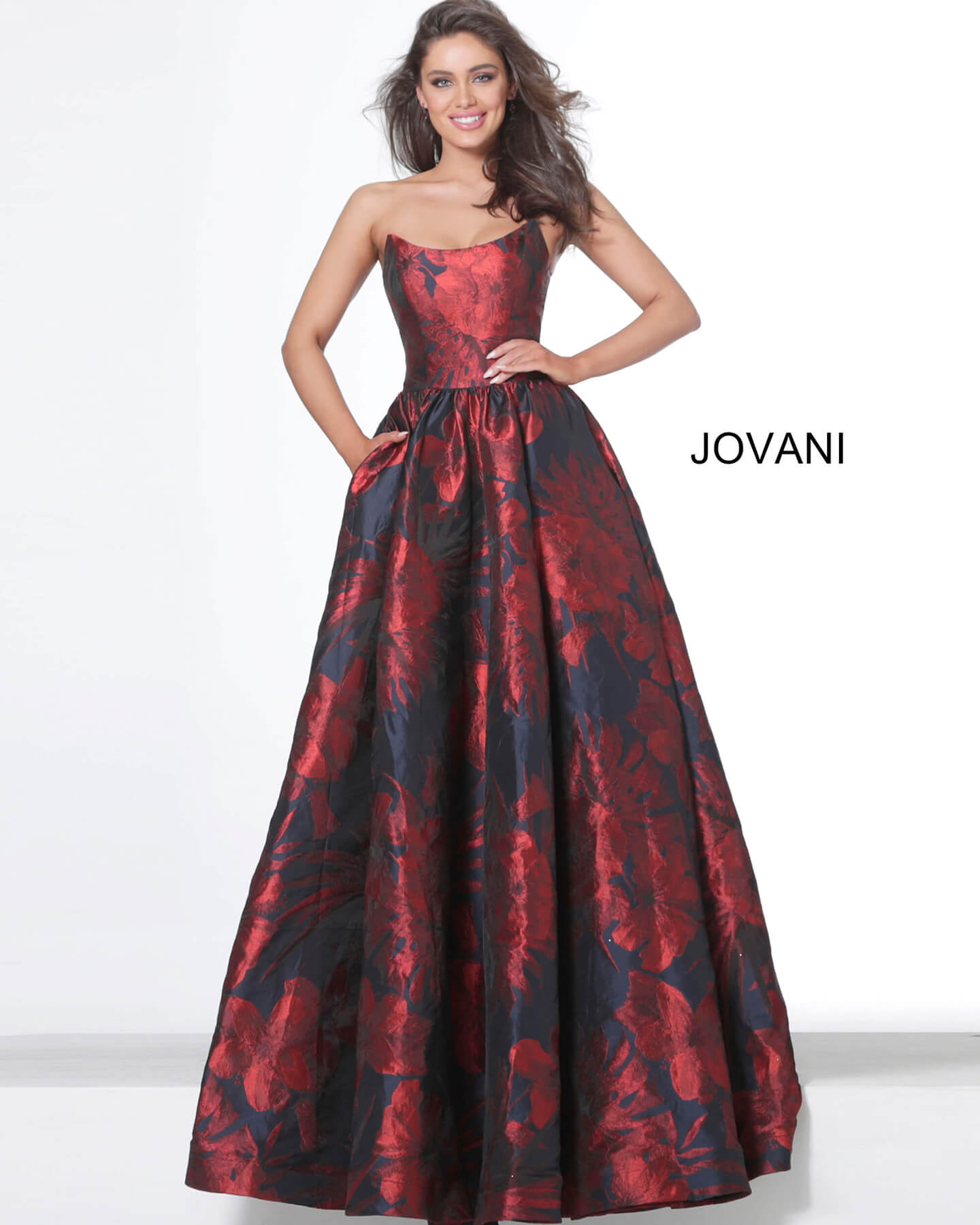 Jovani Dress 03931 Navy Red Strapless Floral Satin Ballgown 